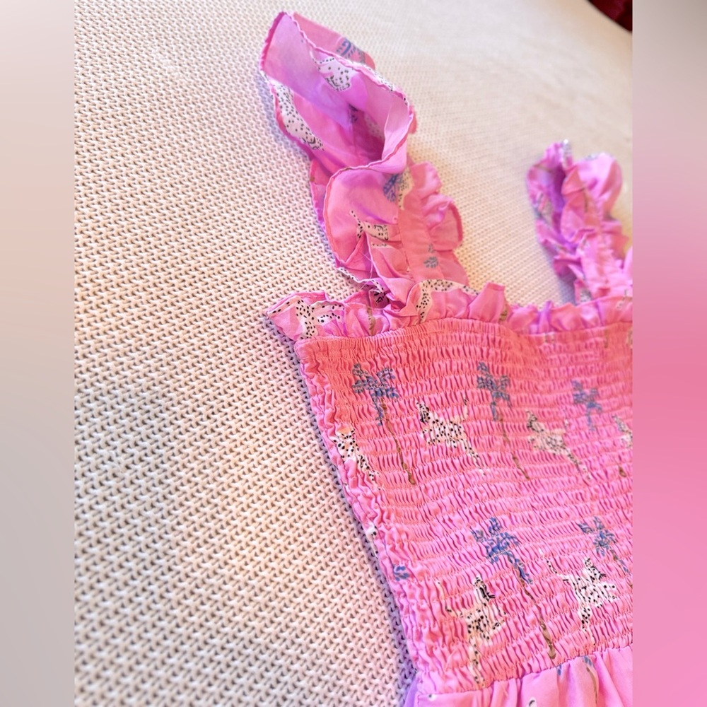 J. MARIE Remi Ruched Smocked Pink & Purple Leopard Palm Tree Ruffle Top Blouse - Picture 9 of 15